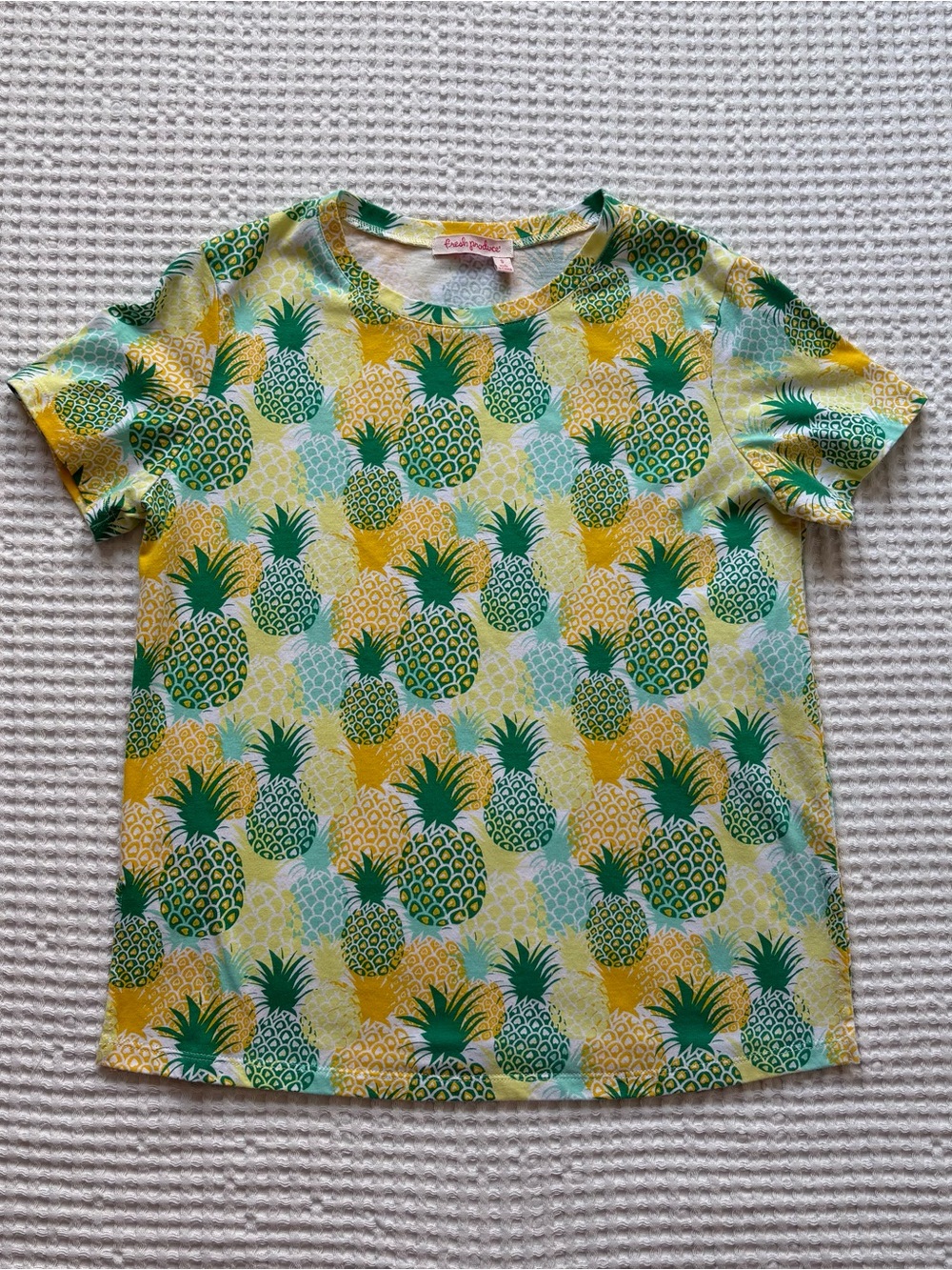Fresh Produce "Pineapple Stand" Fruit Print Lemondrop Yellow Scoop Neck Tee: S
